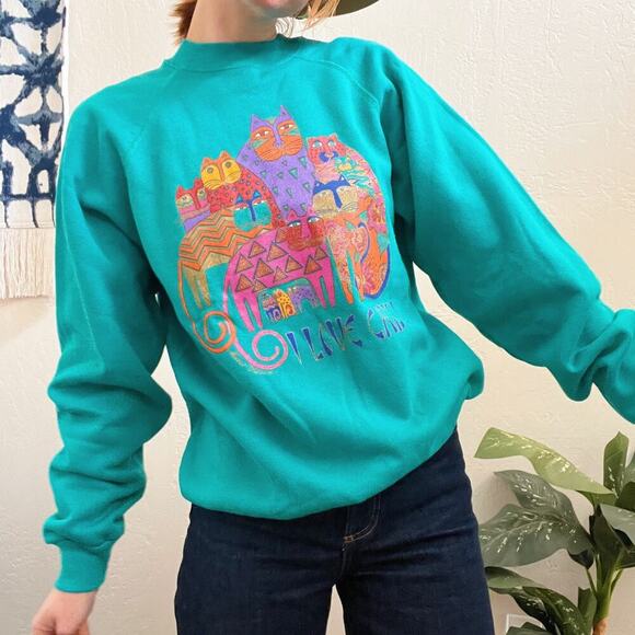 Vintage NWT 1980's Laurel Burch I Love Cats Teal Sweatshirt - Picture 7 of 9